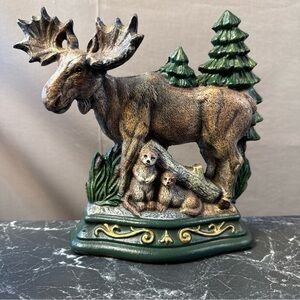Vintage Cast Iron Moose With Otters DoorStopWoodland Rustic Decor